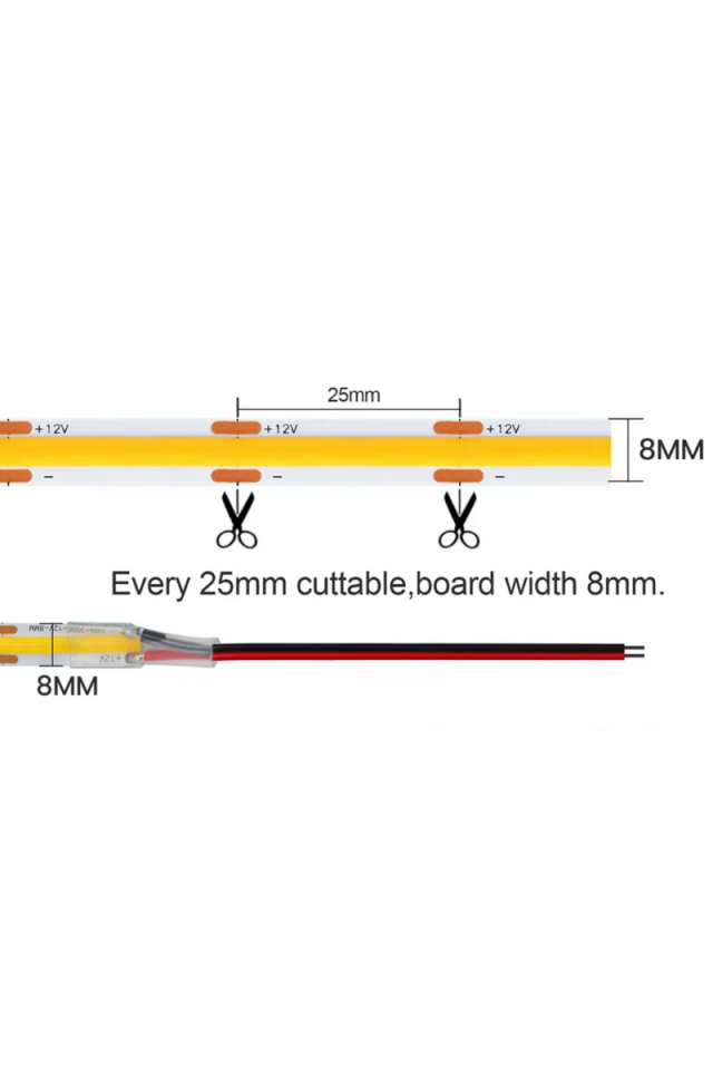 12V Cob Şerit Led 8MM 320 Ledli Esnek Natural Beyaz Cob Led IP20 (5 Metre)